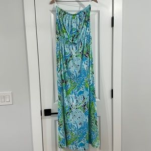 Lilly Pulitzer Blue & Green Strapless Maxi Dress